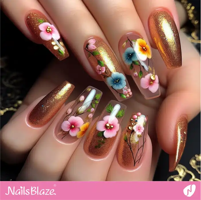 Watercolor Flower Nails with Gold Foil Design | Paint Nail Art - NB2270